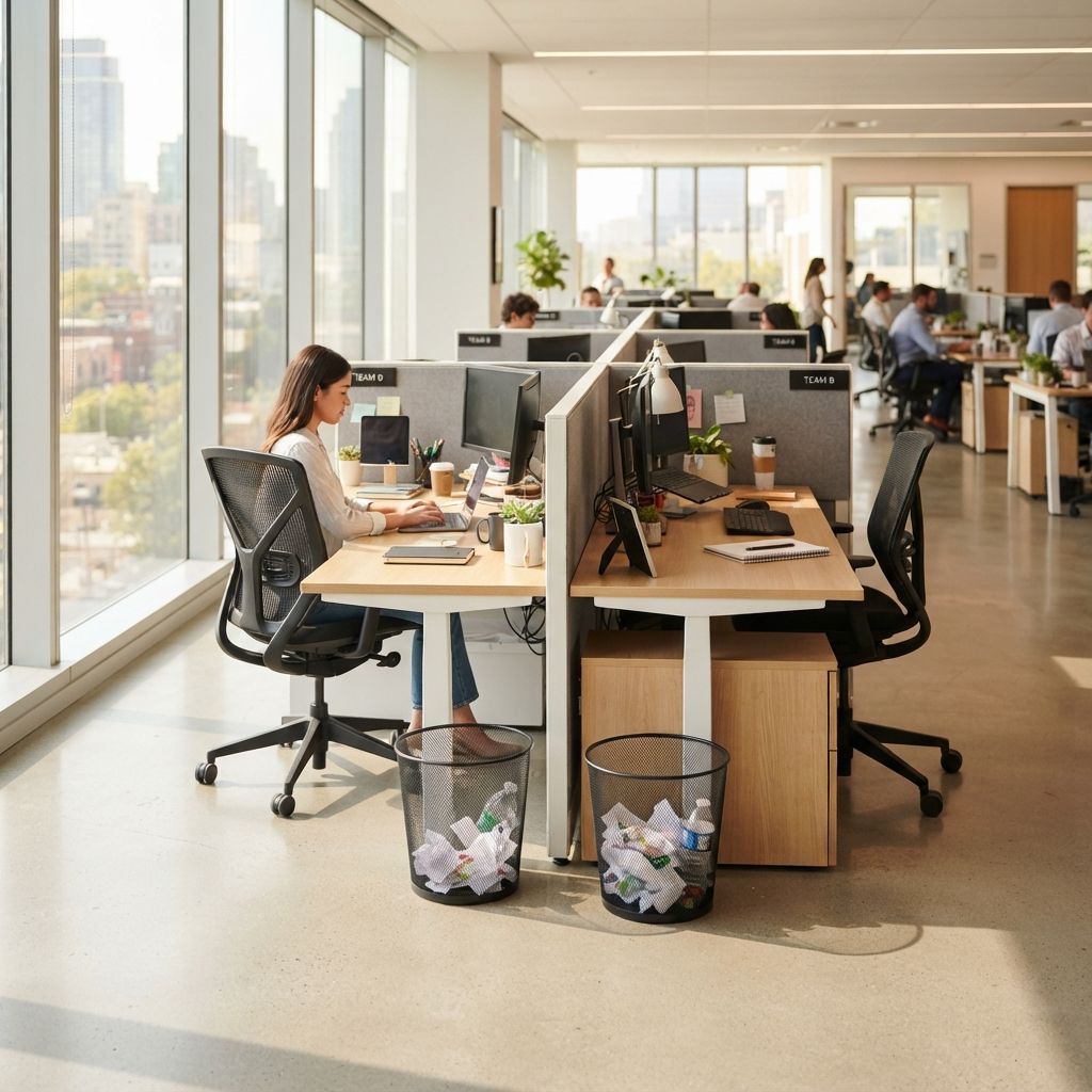 Black wire mesh wastebaskets beside desks in an open-plan office